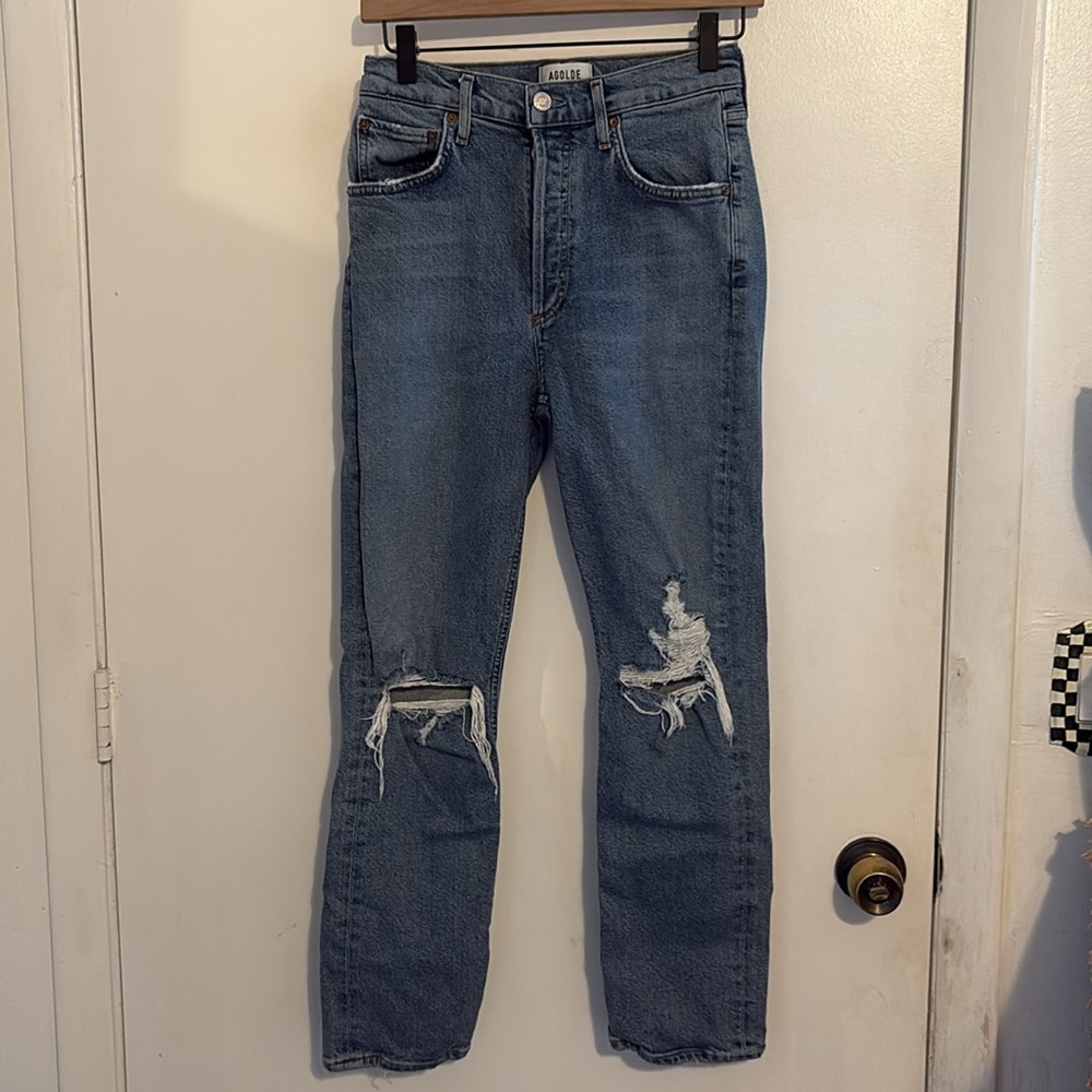 Agolde Riley Distressed High Rise Button Fly Cropped Jeans 25 - Picture 3 of 11